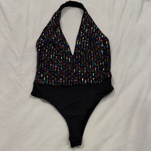 Black w/ Multi-color Sequin Halter Bodysuit